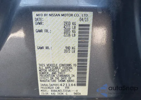 2015 Nissan Altima 2.5 Sv z USA, uszkodzony, nr VIN 1N4AL3AP4FC421144